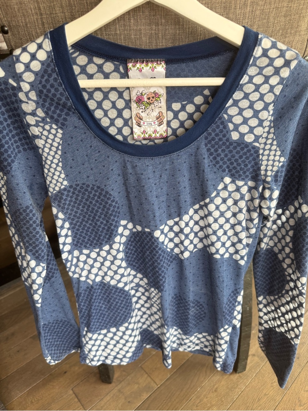 A Fine Mess Blue and White Polka-Pattern Long Sleeve Tee